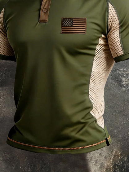 Men's Retro Spliced Breathable Mesh "Patriot" Polo-Collar Casual T-Shirt