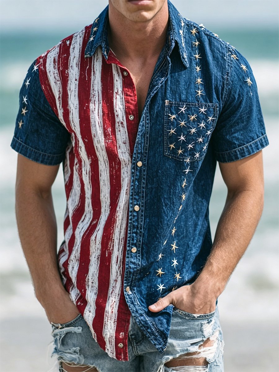 Men's Vintage American Anniversary Linen Short-Sleeve Shirt