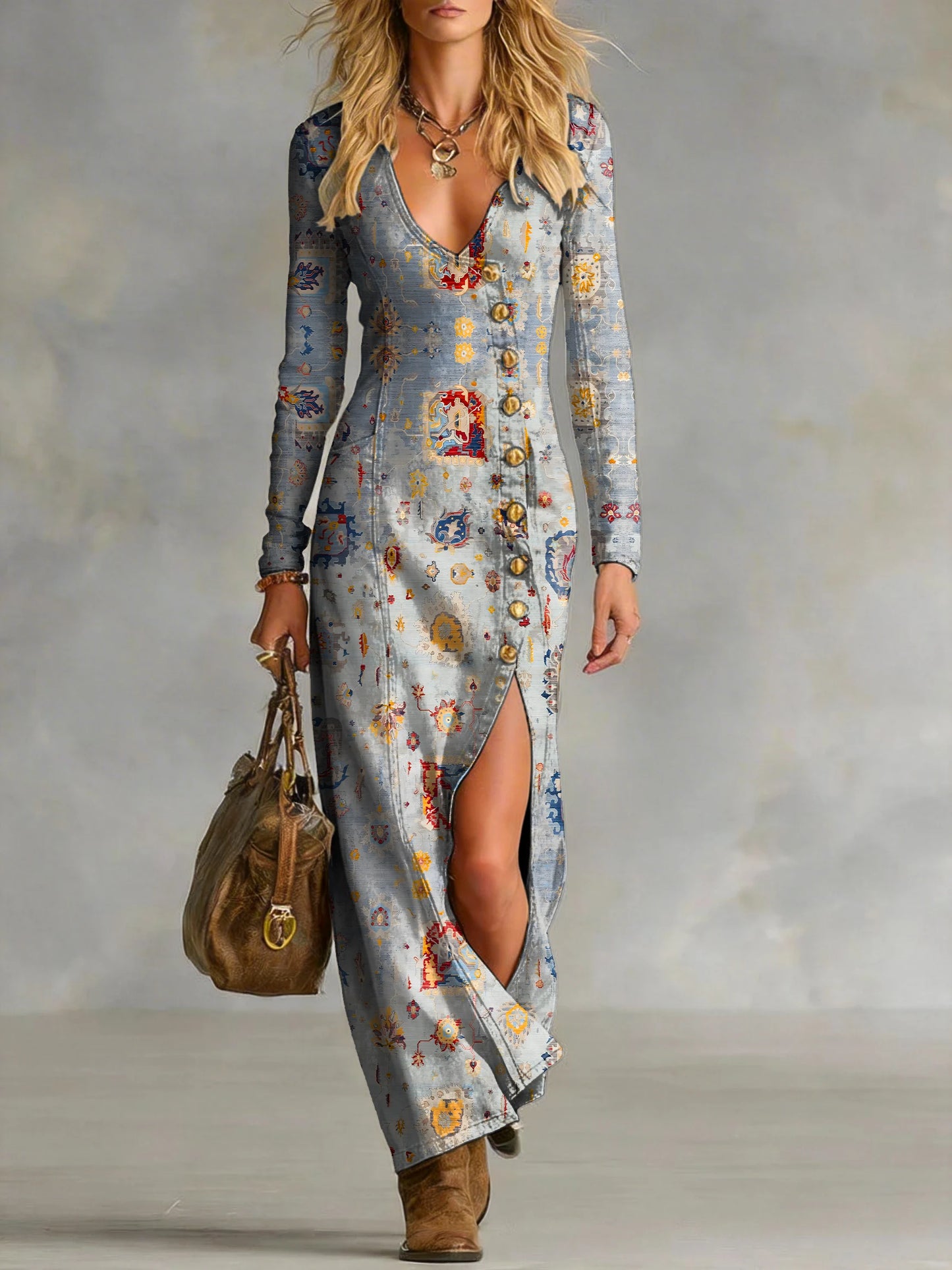 Women's Ethnic Pattern Art Print Single-button Side Slit Long-sleeve V-neck Denim Dress