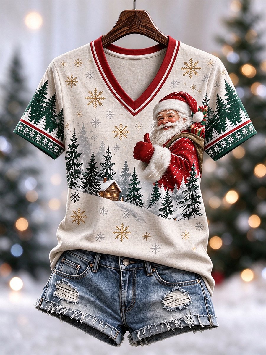 Women's Casual Christmas V-Neck Short-Sleeve T-Shirt