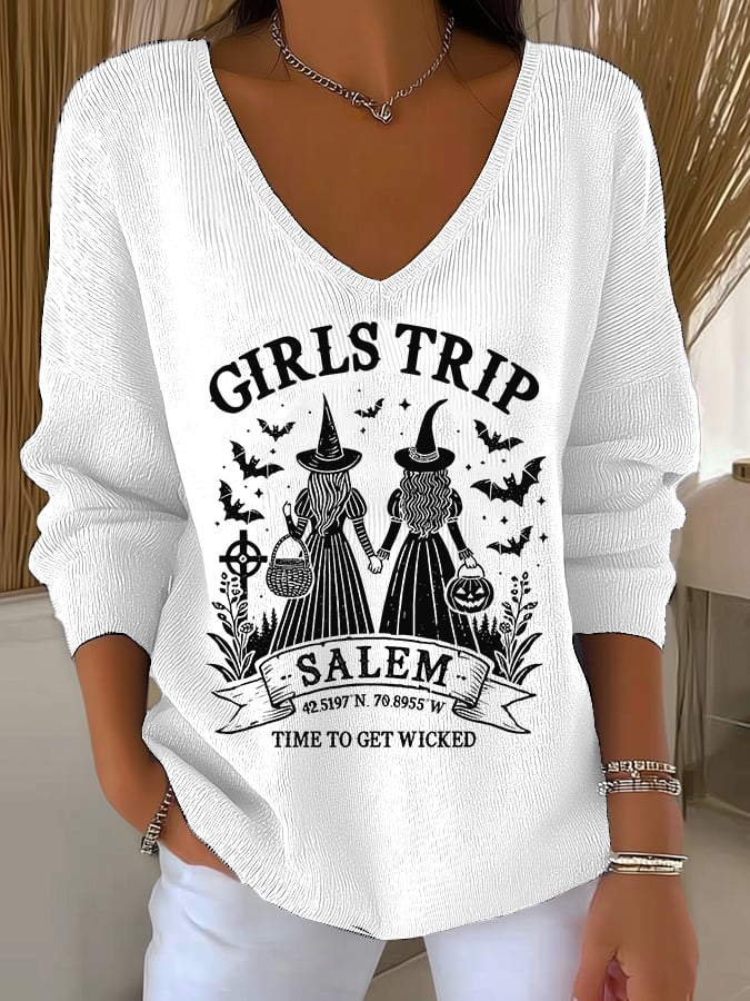 🔥HOT SALE🔥Women's Girls Trip Salem Witch Print V Neck Sweater