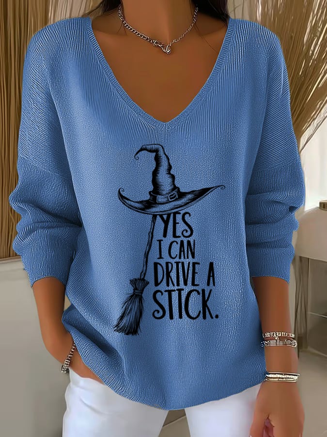 🔥Buy 2 Get 10% Off🔥Women'S Witch "Yes I Can Drive A Stick"  Print Drop Shoulder Sweater