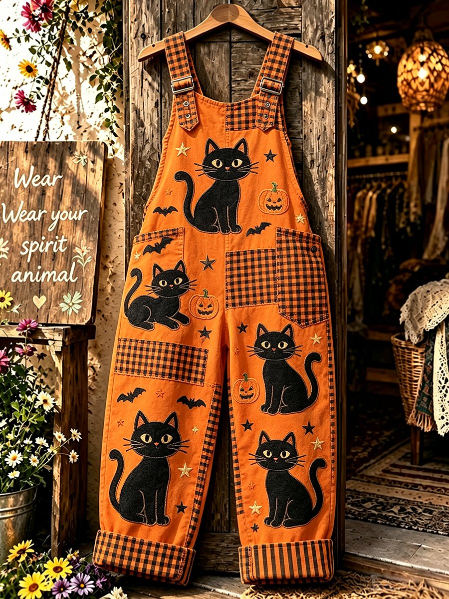 Women's Black Cat Halloween Party Print Jumpsuit