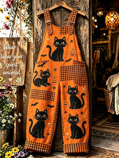 Women's Black Cat Halloween Party Print Jumpsuit