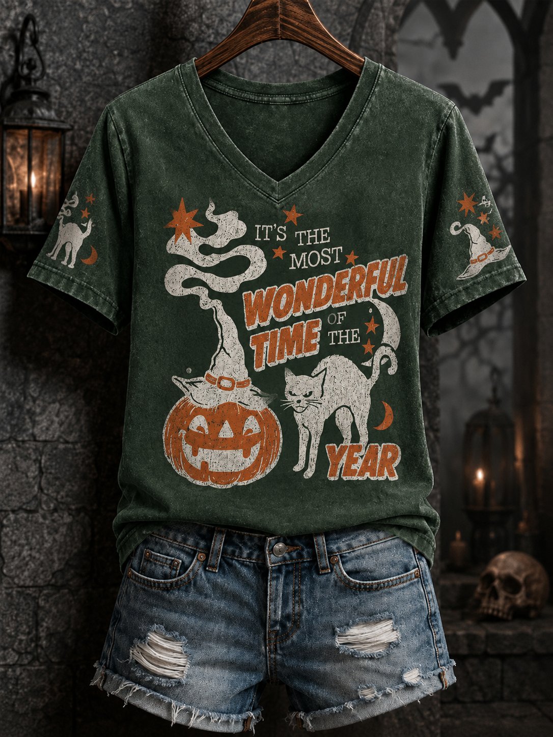 Women's Black Cat Halloween Print Tee