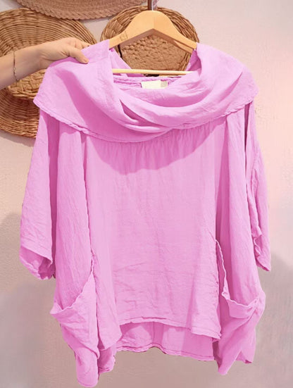 Women's Solid Color Draped Neck 3/4 Sleeve Comfortable Casual Linen Pocket Top