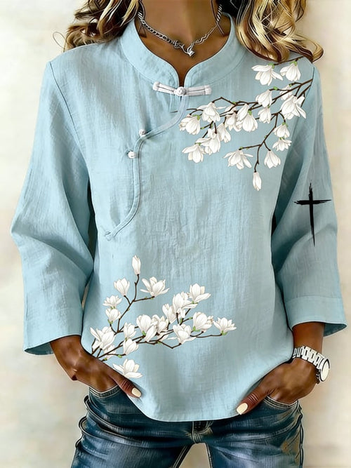 Women's Faith Cotton And Linen Floral Print Shirt
