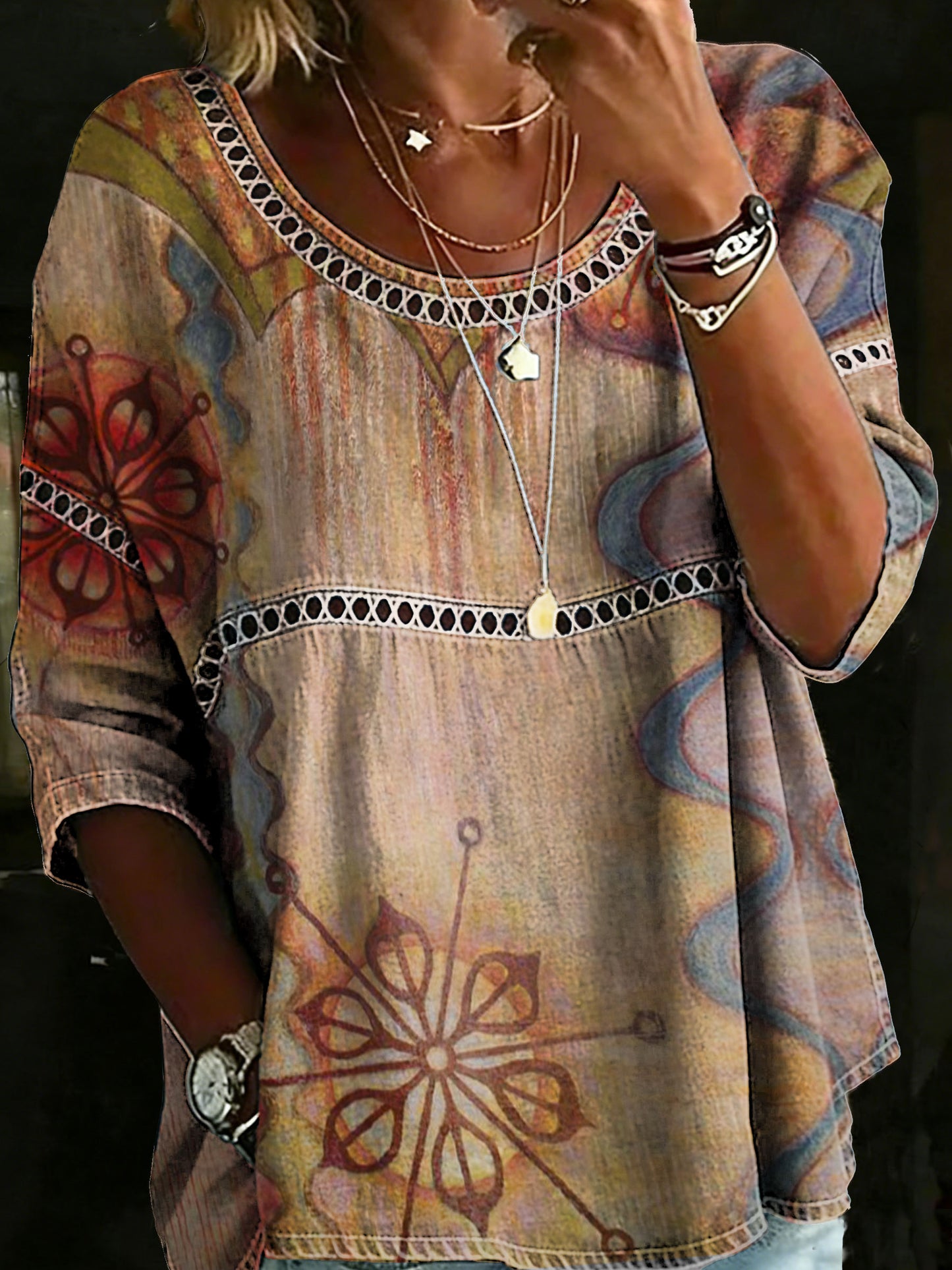 Women's Vintage Abstrct Casual Loose Denim Blouse Shirt