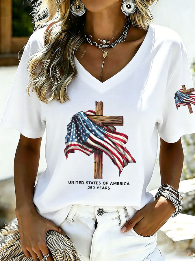 Women's Cross USA Flag Print Casual T-Shirt