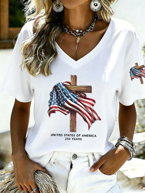 Women's Cross USA Flag Print Casual T-Shirt