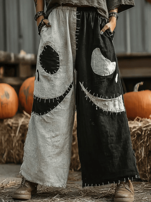 Women's Retro Halloween Spooky Smiley Face Casual Printed Wide-Leg Pants