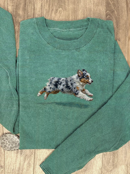 Funny Retro Cute Running Dog Art Print Casaul Cotton Long Sleeve Shirt