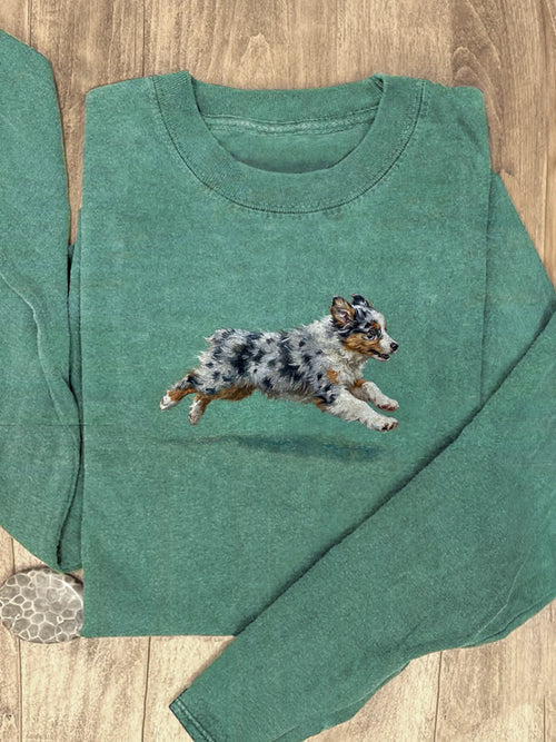 Funny Retro Cute Running Dog Art Print Casaul Cotton Long Sleeve Shirt