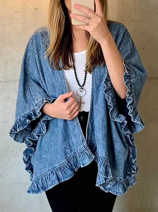 Women's Casual Retro Ruffled Denim Cardigan Jacket