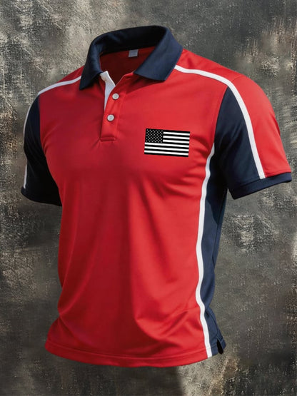 Men's Retro Patriotic Color-Block Short-Sleeve Polo Shirt