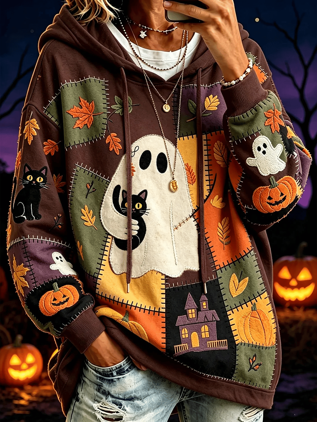 Women's Ghost Cat Print Hoodie