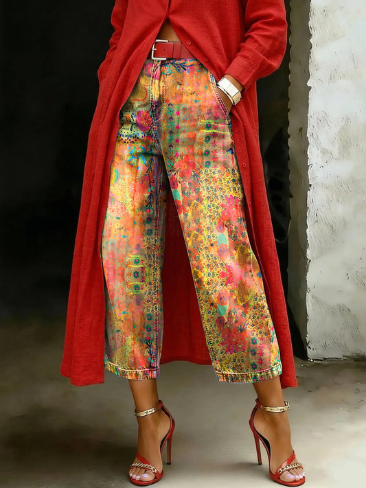 Women’s Vintage Floral Casual Wide Denim Pants