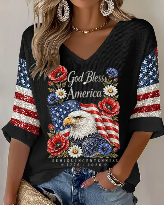 God Bless American V-neck Half Sleeved Loose Top