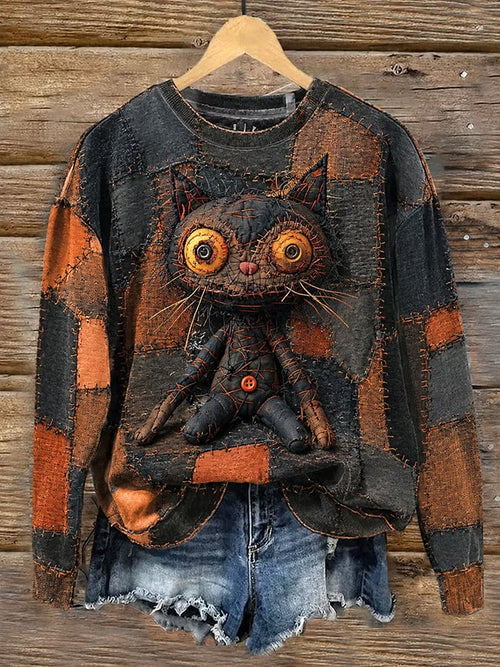 Women's Retro Halloween Cat Art Print Casual Sweatshirt