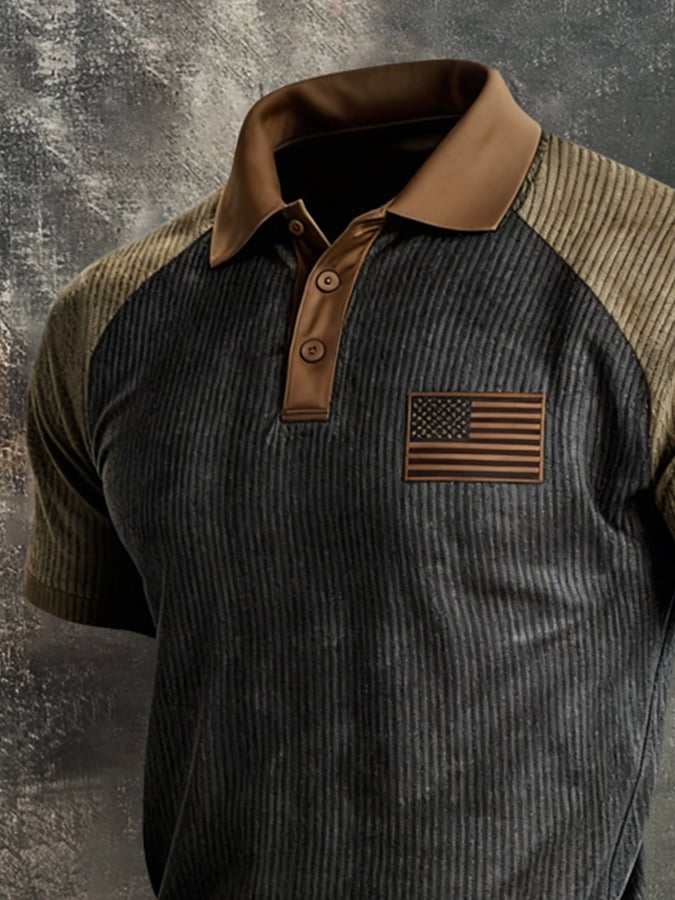 Men's Retro Ribbed Color-Block "Patriot" Polo-Collar Casual T-Shirt