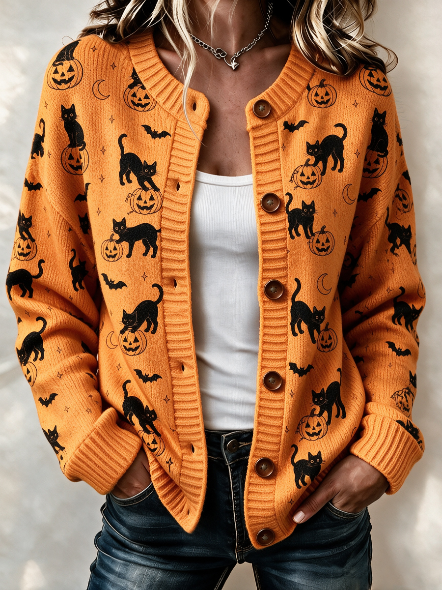 Women'S Black Cat Magic Knitted Cardigan Top