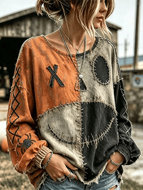 Women's Retro Halloween Comfortable Cotton Linen Long-Sleeve T-Shirt