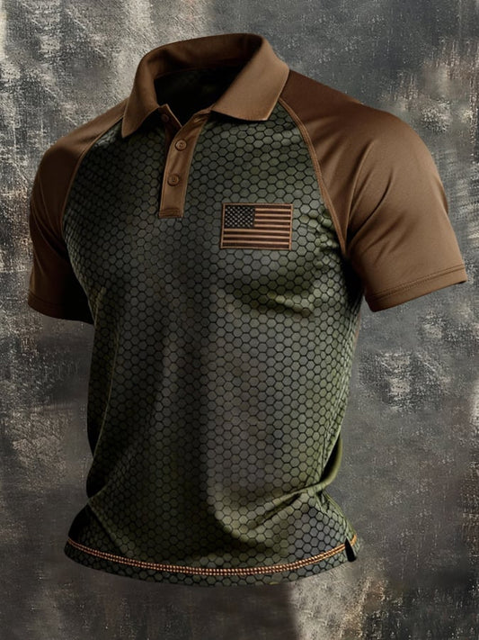 Men's Retro Patriotic Color-Block Short-Sleeve Polo Shirt