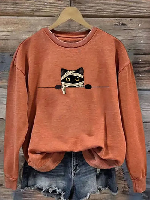 Women's Halloween Cat Print Casual Sweatshirt