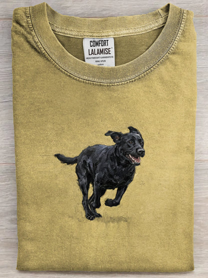 Funny Cute Running Black Labrador Art Print Casual Cotton Short Sleeve T-shirt