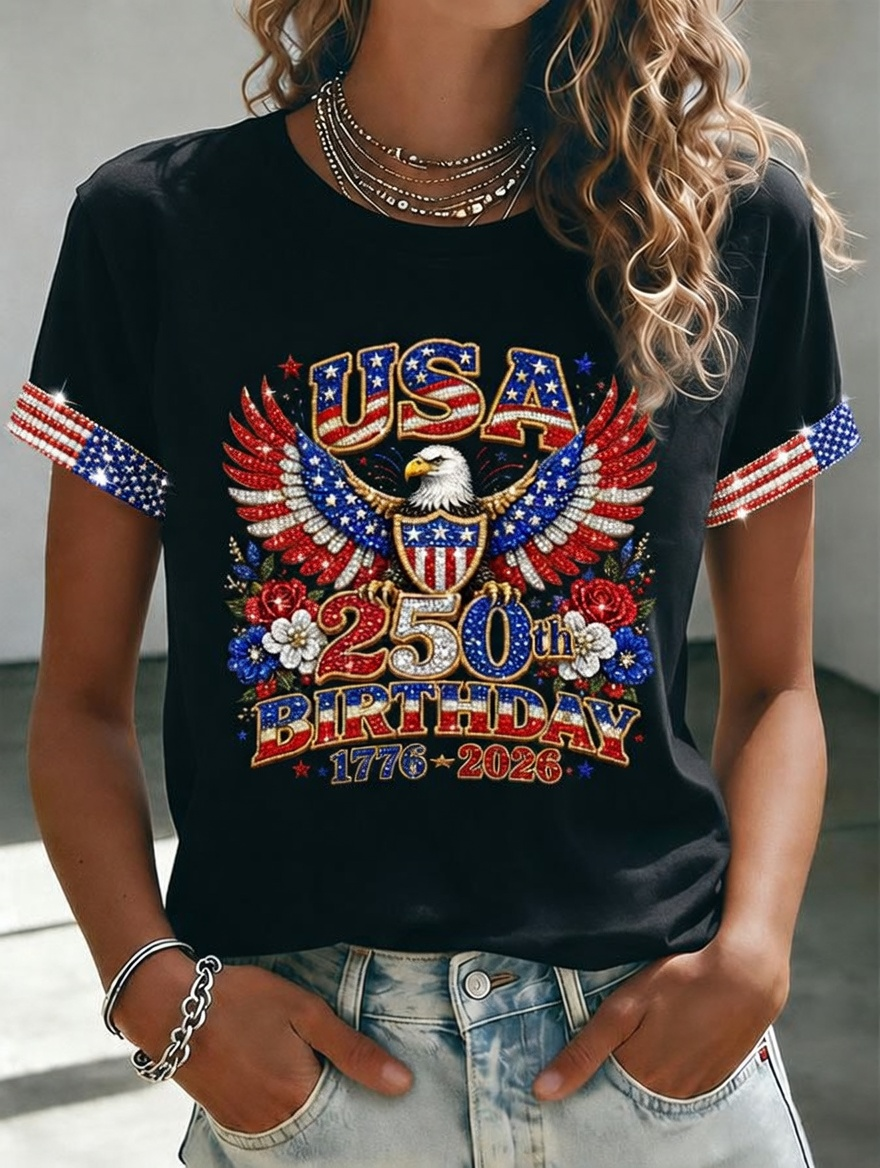 Women'S American Independence Day 250Th Anniversary Printed Short Sleeved T-Shirt