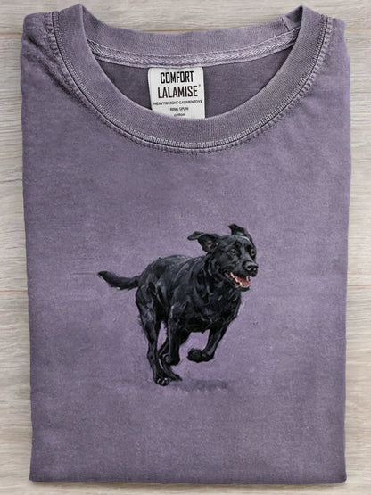 Funny Cute Running Black Labrador Art Print Casual Cotton Short Sleeve T-shirt