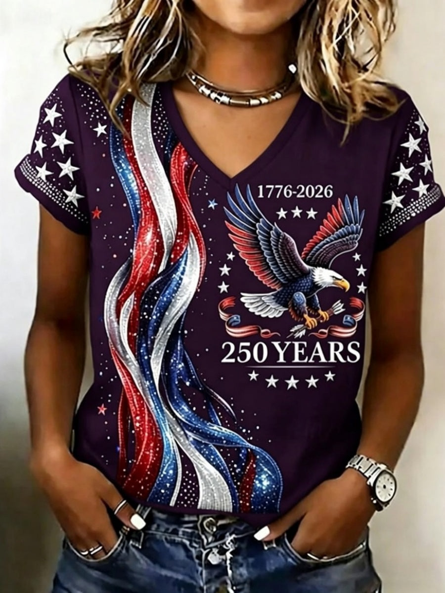 🔥Buy 3 Get 10% Off🔥Retro 250th Anniversary Glitter Design Women's V Neck T-Shirt