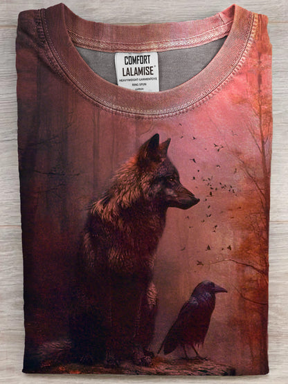Funny Dark Wolf And Crow Art Print Casual Cotton Short Sleeve T-shirt