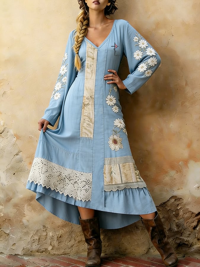 Women's  V-Neck Printed Knit Dress