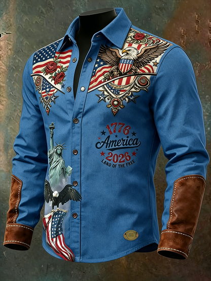 Men'S Casual American 250Th Anniversary Founding Lapel Long Sleeved Shirt