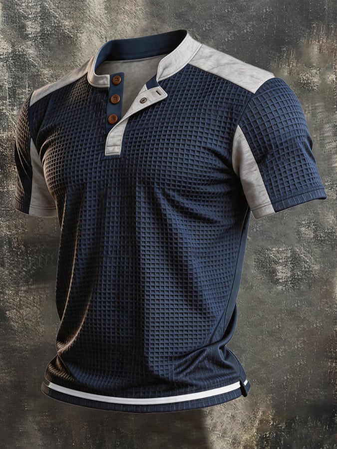 Men's Retro Waffle-Knit Panelled Short-Sleeve Henley T-Shirt