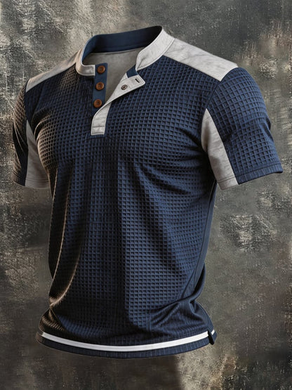 Men's Retro Waffle-Knit Panelled Short-Sleeve Henley T-Shirt
