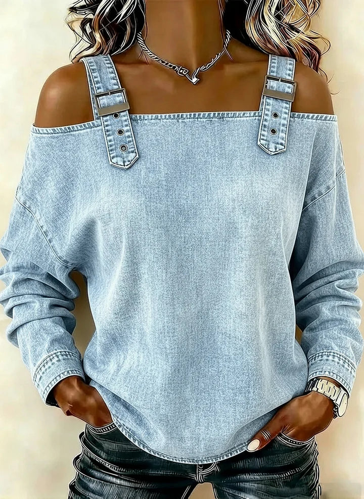 Woman‘s Retro Off-the-shoulder Button-down Denim Long-sleeved Top