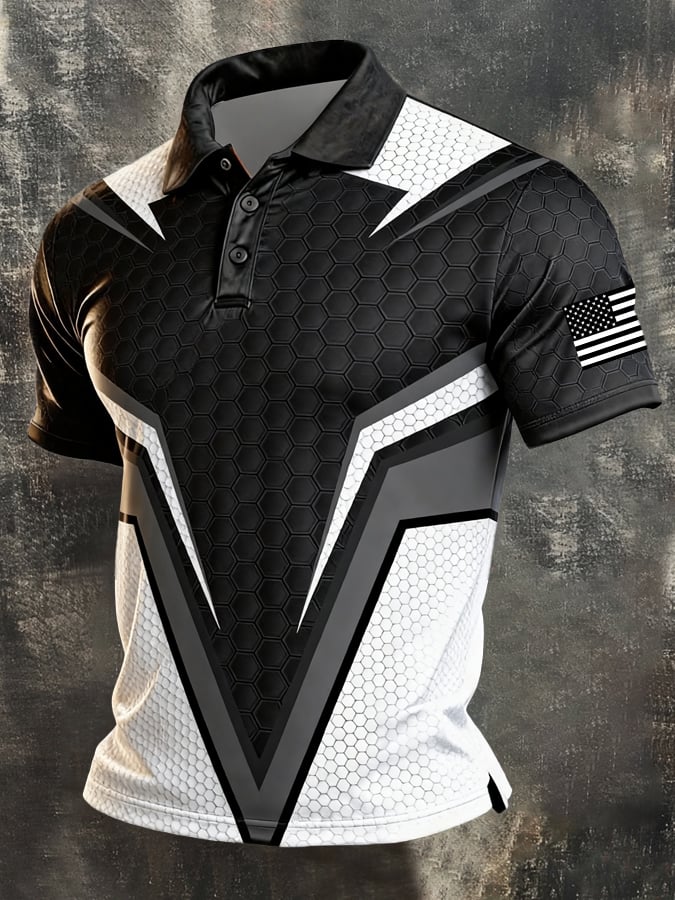 Men's Retro Patriotic Color-Block Short-Sleeve Polo Shirt