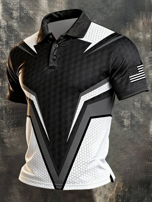Men's Retro Patriotic Color-Block Short-Sleeve Polo Shirt
