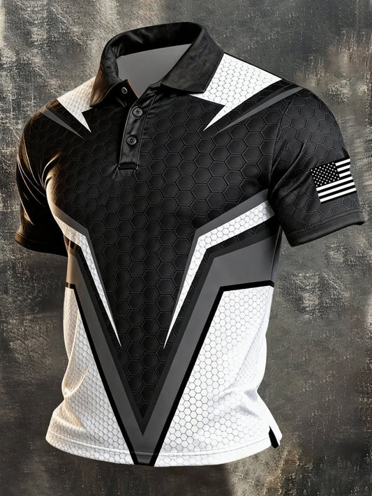 Men's Retro Patriotic Color-Block Short-Sleeve Polo Shirt