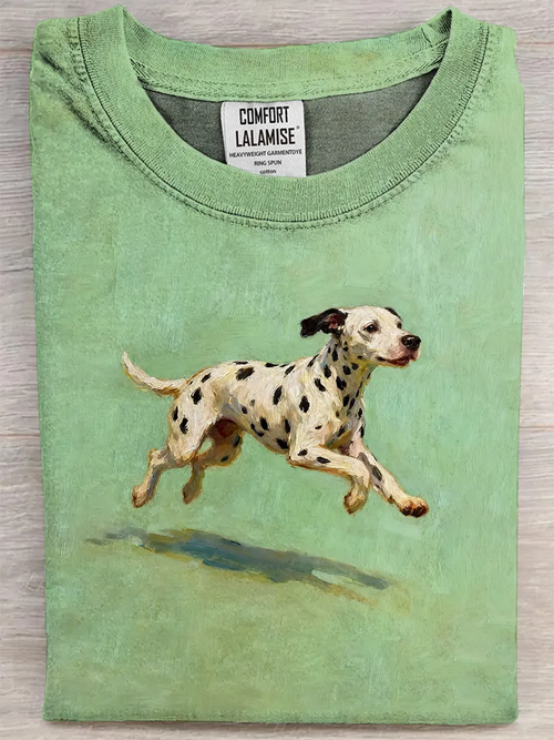 Retro Dog Dalmatian Run Fun Art Print Casual Pure Cotton Short Sleeved T-shirt