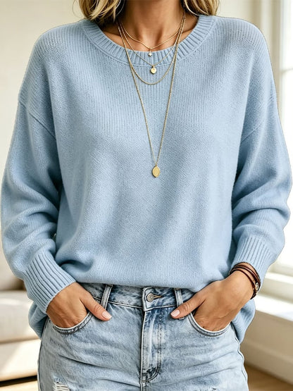 Women's Solid-Color Long-Sleeve Crew-Neck Knit Sweater