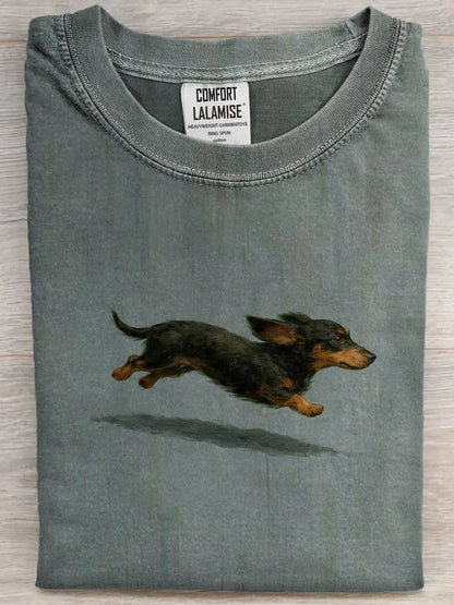 Funny Retro Cute Running Dog Art Print Casual Cotton Short Sleeve T-shirt