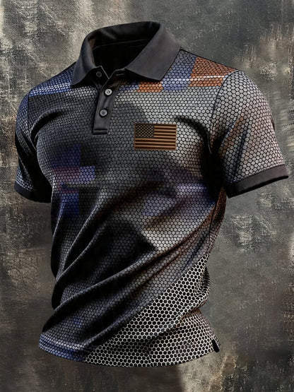 Men's Retro Patriotic Color-Block Short-Sleeve Polo Shirt