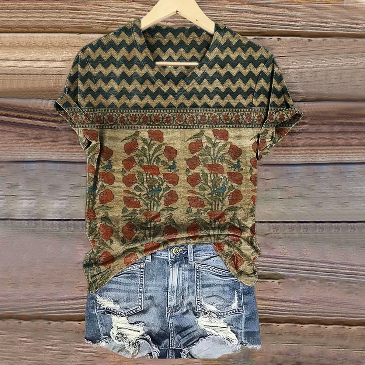 Women's Vintage Bohemian Floral Art Print Casual Cotton Linen Shirt