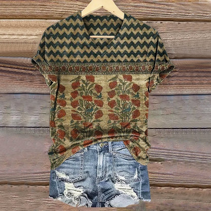 Women's Vintage Bohemian Floral Art Print Casual Cotton Linen Shirt