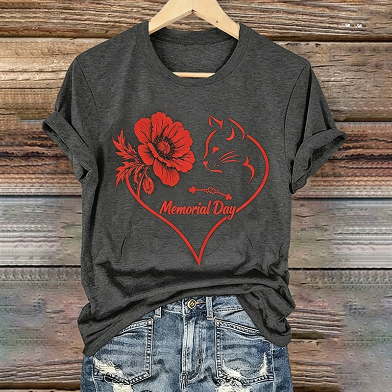 Women's Memorial Day Poppy Cat Art Printed T-Shirt