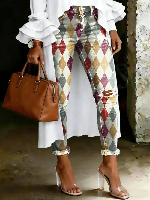 Women's Fashion Casual Diamond Pattern Print Ripped Skinny Jeans
