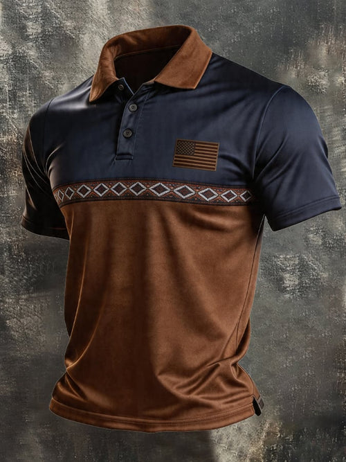 Men's Retro Patriotic Color-Block Short-Sleeve Polo Shirt